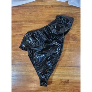 Club EXX  Black Wet Look Patent Leather Ruffle 1 Shoulder Size Large Bodysuit